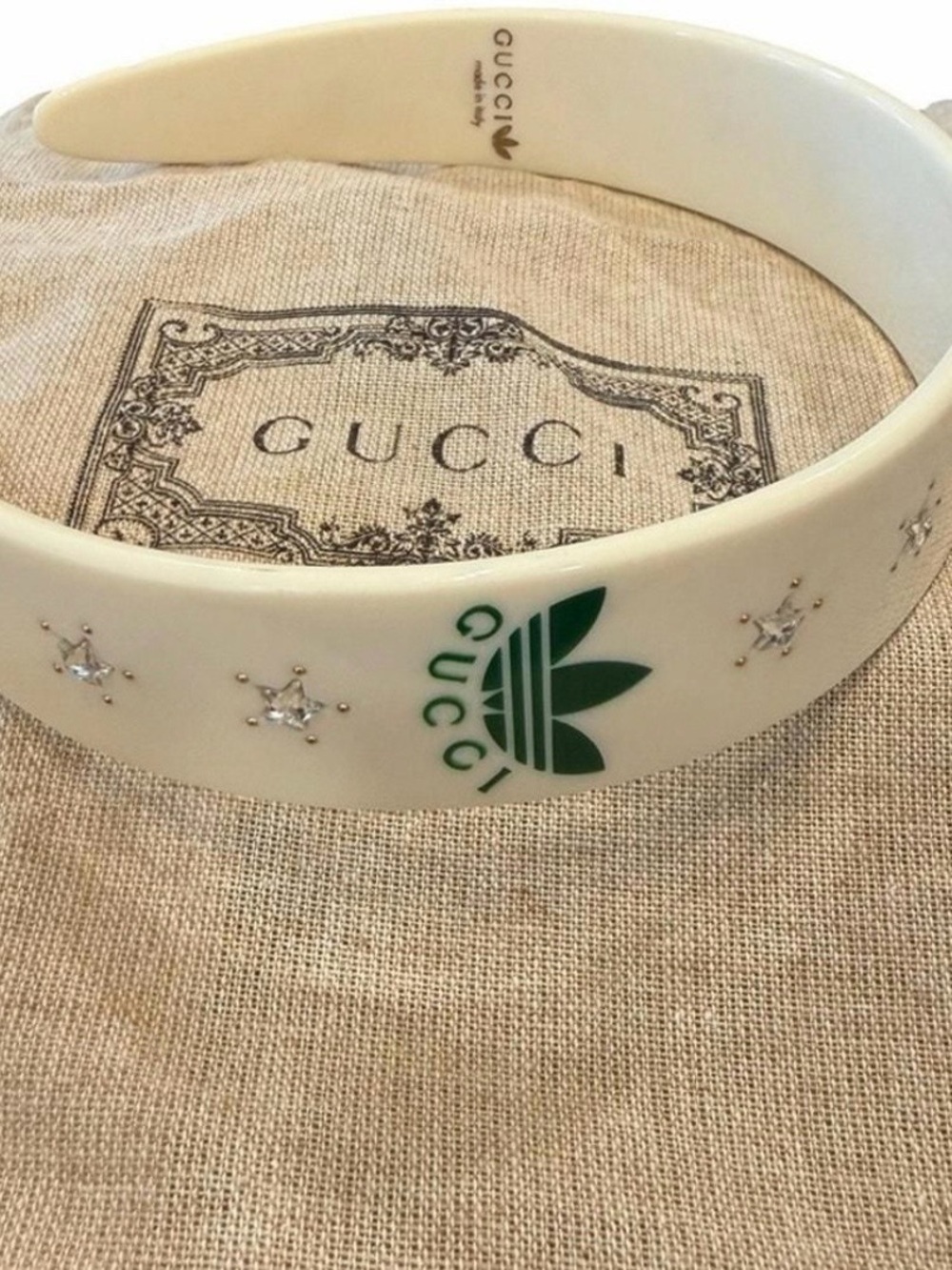 Gucci White Resin Headband with Green Logo and Crystal Star Accents